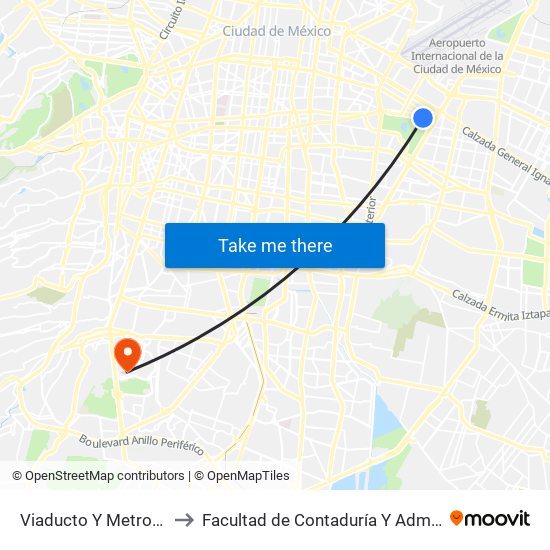 Viaducto Y Metro Puebla to Facultad de Contaduría Y Administración map