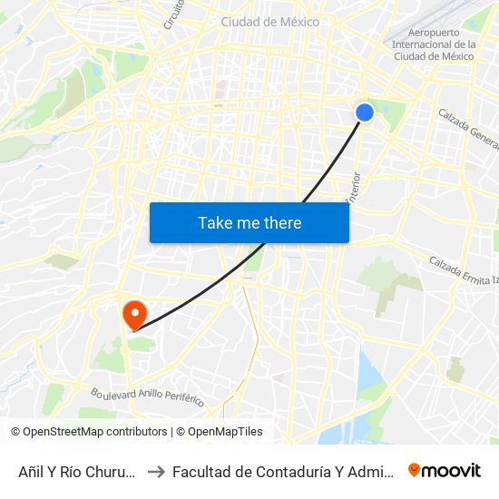 Añil Y Río Churubusco to Facultad de Contaduría Y Administración map