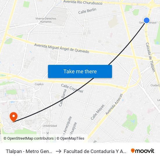 Tlalpan - Metro General Anaya to Facultad de Contaduría Y Administración map