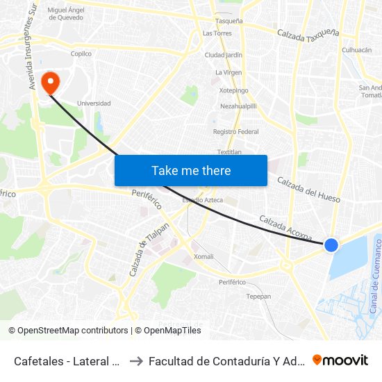 Cafetales - Lateral Periférico to Facultad de Contaduría Y Administración map