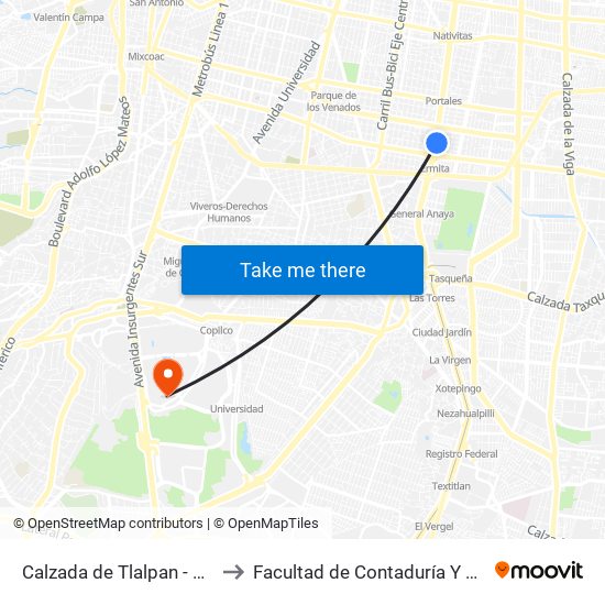 Calzada de Tlalpan - Metro Ermita to Facultad de Contaduría Y Administración map