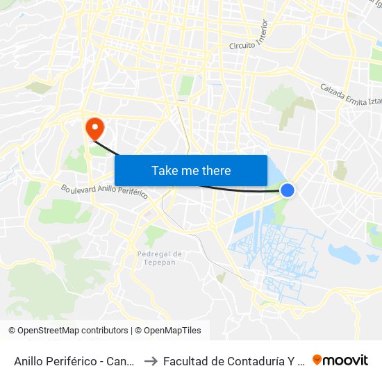 Anillo Periférico - Canal de Chalco 1 to Facultad de Contaduría Y Administración map