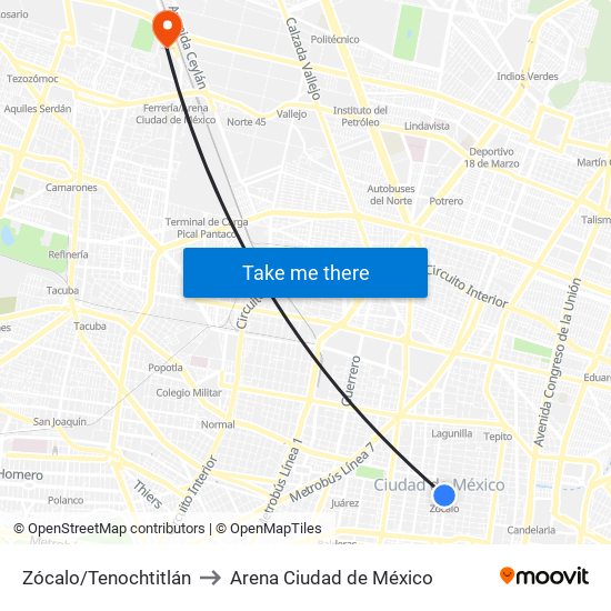 Zócalo/Tenochtitlán to Arena Ciudad de México map