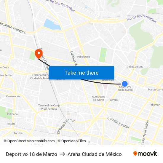 Deportivo 18 de Marzo to Arena Ciudad de México map