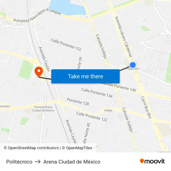 Politécnico to Arena Ciudad de México map