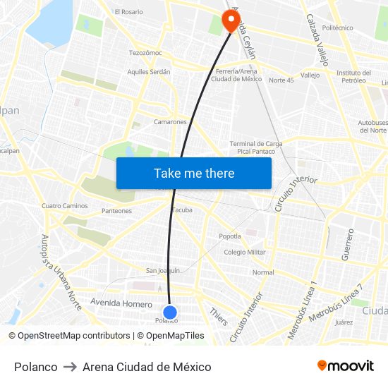 Polanco to Arena Ciudad de México map