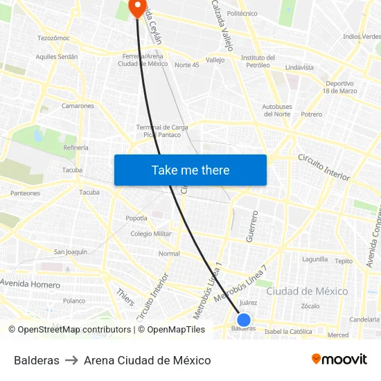 Balderas to Arena Ciudad de México map