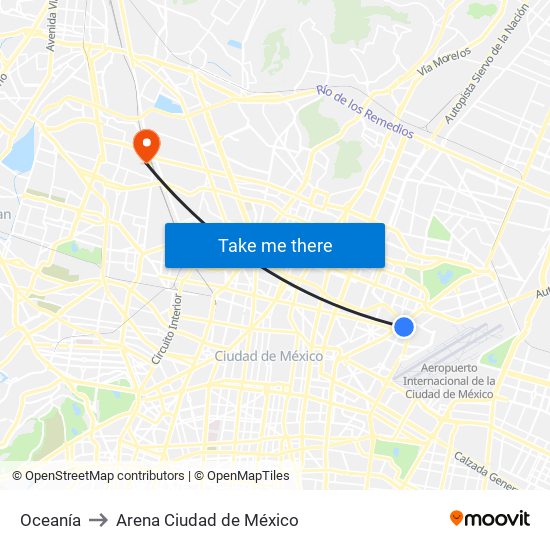Oceanía to Arena Ciudad de México map
