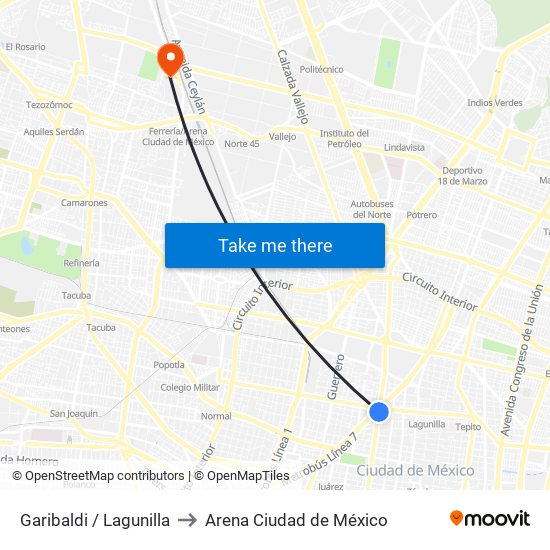 Garibaldi / Lagunilla to Arena Ciudad de México map