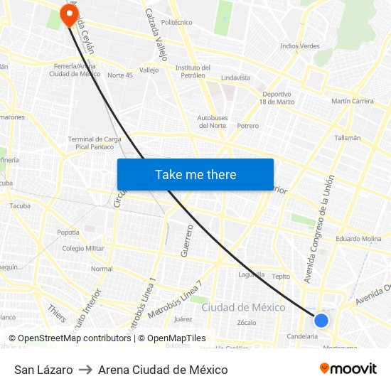 San Lázaro to Arena Ciudad de México map