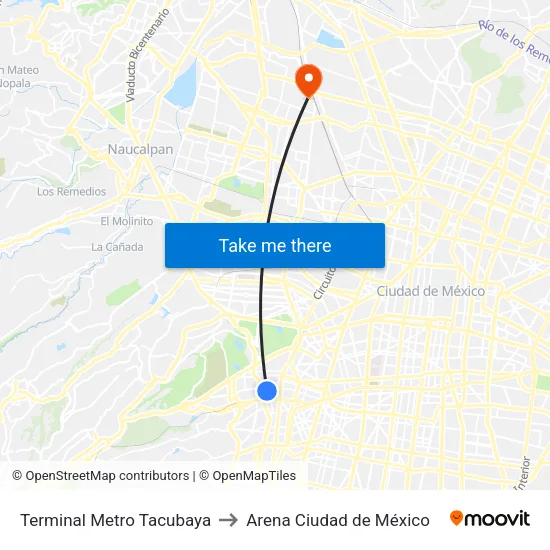 Terminal Metro Tacubaya to Arena Ciudad de México map