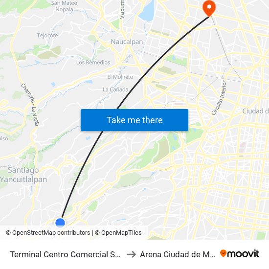 Terminal Centro Comercial Santa Fé to Arena Ciudad de México map