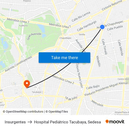 Insurgentes to Hospital Pediátrico Tacubaya, Sedesa map