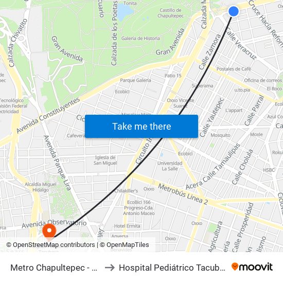Metro Chapultepec - Av. Sonora to Hospital Pediátrico Tacubaya, Sedesa map