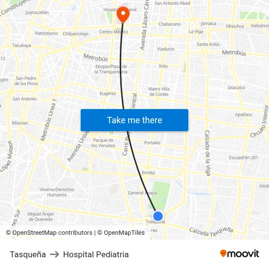 Tasqueña to Hospital Pediatria map