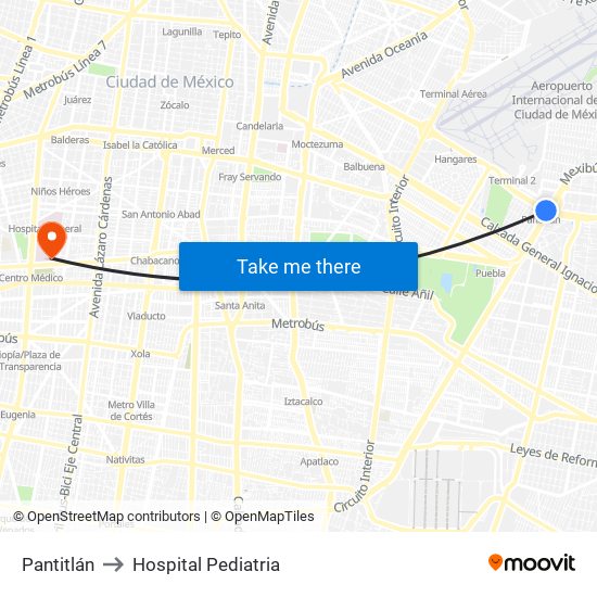 Pantitlán to Hospital Pediatria map