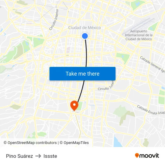 Pino Suárez to Issste map