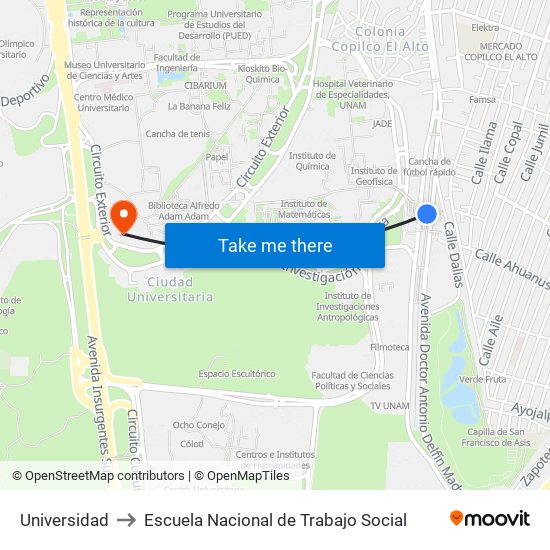 Universidad to Escuela Nacional de Trabajo Social map