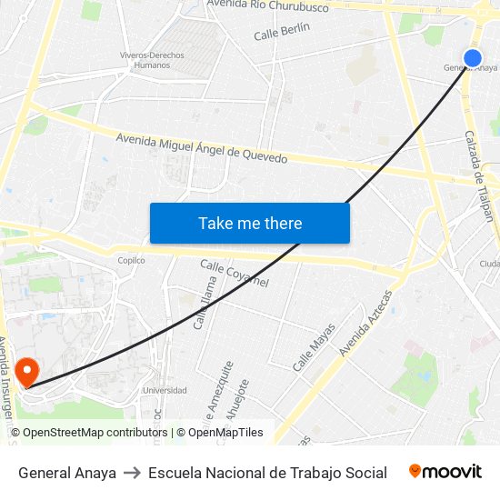 General Anaya to Escuela Nacional de Trabajo Social map