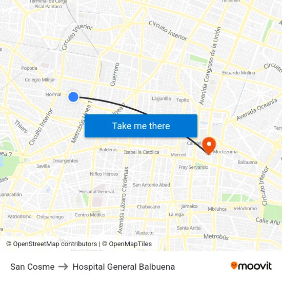 San Cosme to Hospital General Balbuena map