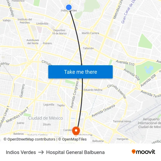 Indios Verdes to Hospital General Balbuena map