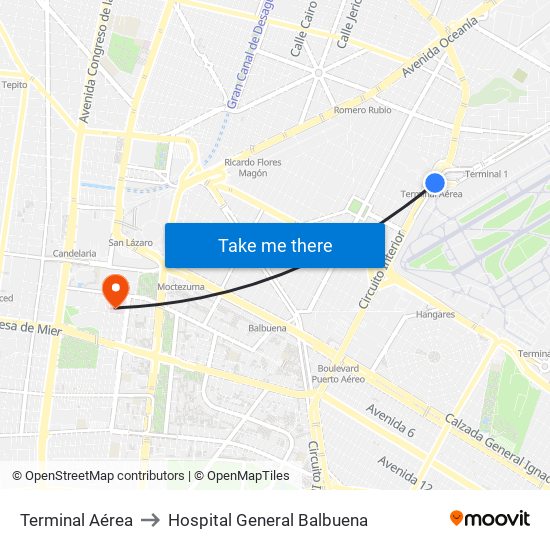 Terminal Aérea to Hospital General Balbuena map