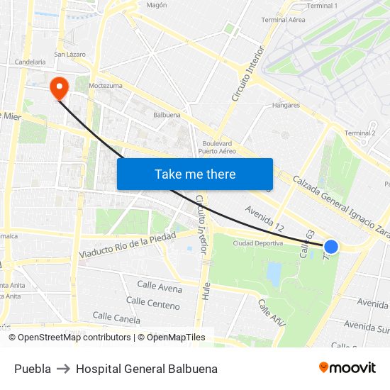 Puebla to Hospital General Balbuena map