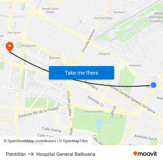 Pantitlán to Hospital General Balbuena map