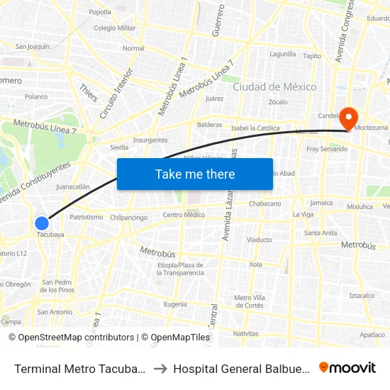 Terminal Metro Tacubaya to Hospital General Balbuena map