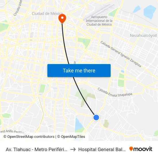Av. Tlahuac - Metro Periférico Ote. to Hospital General Balbuena map