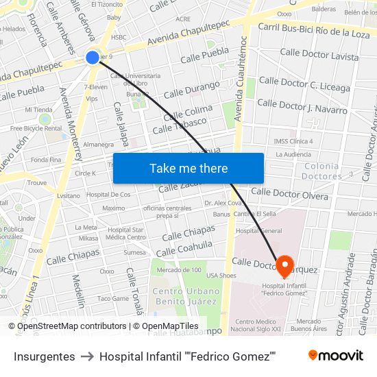 Insurgentes to Hospital Infantil ""Fedrico Gomez"" map