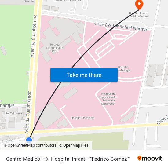 Centro Médico to Hospital Infantil ""Fedrico Gomez"" map