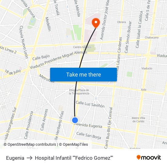 Eugenia to Hospital Infantil ""Fedrico Gomez"" map