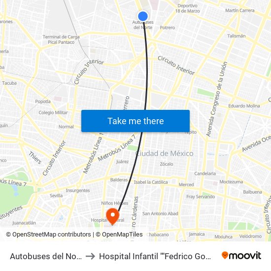 Autobuses del Norte to Hospital Infantil ""Fedrico Gomez"" map