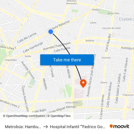 Metrobús: Hamburgo to Hospital Infantil ""Fedrico Gomez"" map