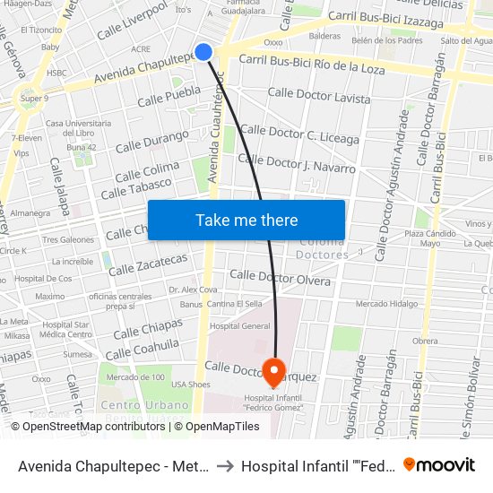 Avenida Chapultepec - Metro Cuauhtémoc to Hospital Infantil ""Fedrico Gomez"" map