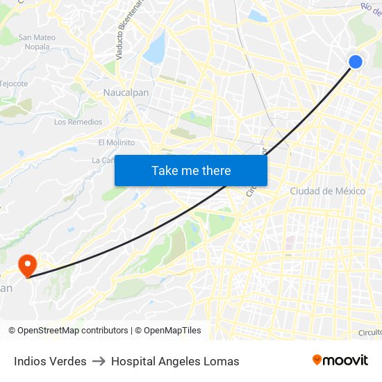 Indios Verdes to Hospital Angeles Lomas map