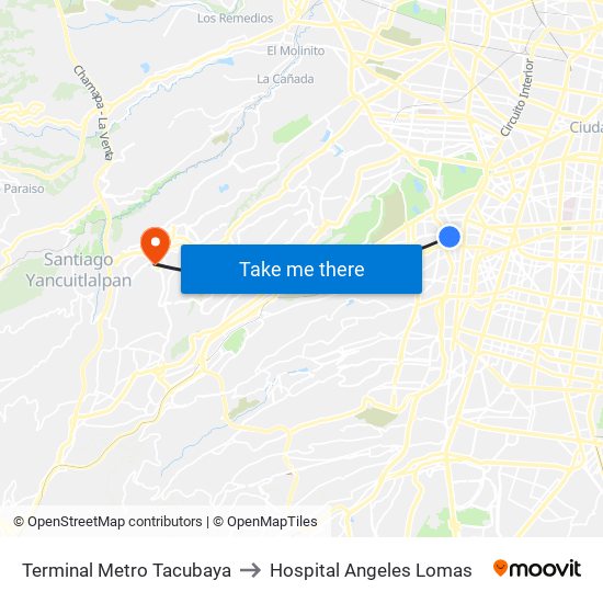 Terminal Metro Tacubaya to Hospital Angeles Lomas map