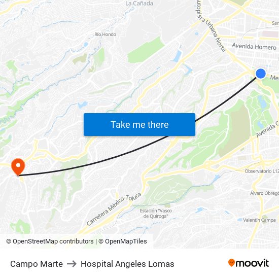 Campo Marte to Hospital Angeles Lomas map