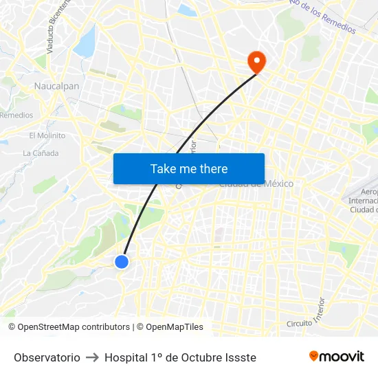 Observatorio to Hospital 1º de Octubre Issste map