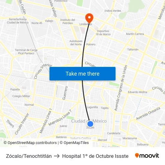 Zócalo/Tenochtitlán to Hospital 1º de Octubre Issste map