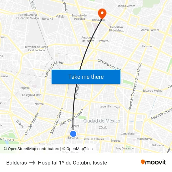 Balderas to Hospital 1º de Octubre Issste map
