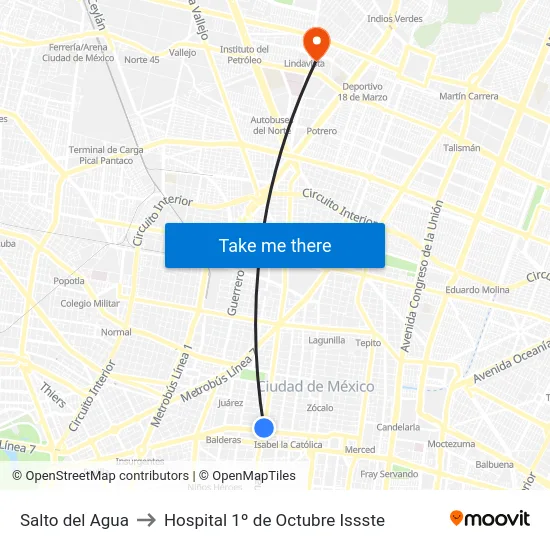 Salto del Agua to Hospital 1º de Octubre Issste map
