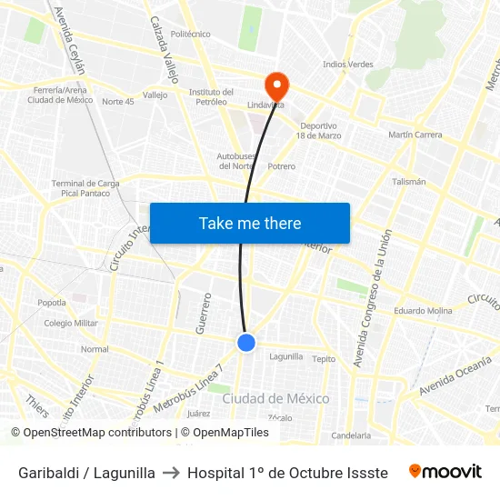 Garibaldi / Lagunilla to Hospital 1º de Octubre Issste map