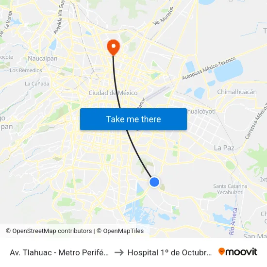 Av. Tlahuac - Metro Periférico Ote. to Hospital 1º de Octubre Issste map