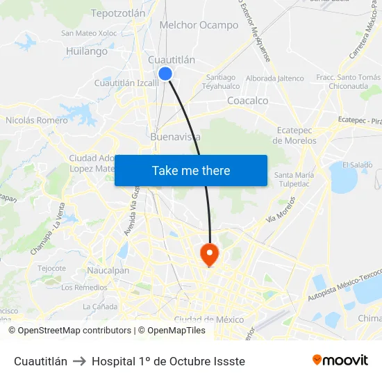 Cuautitlán to Hospital 1º de Octubre Issste map