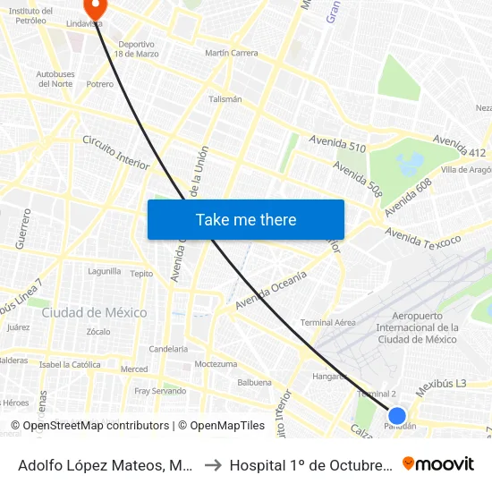 Adolfo López Mateos, Mz7 Lt17 to Hospital 1º de Octubre Issste map