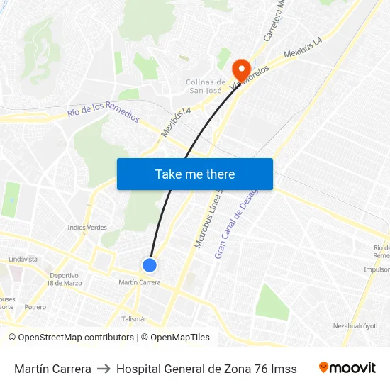 Martín Carrera to Hospital General de Zona 76 Imss map