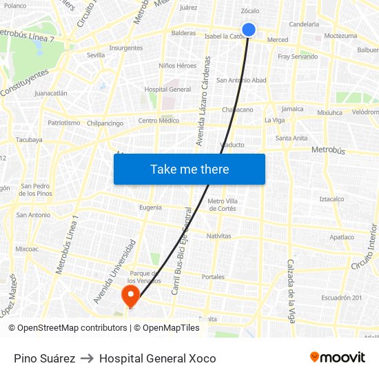 Pino Suárez to Hospital General Xoco map