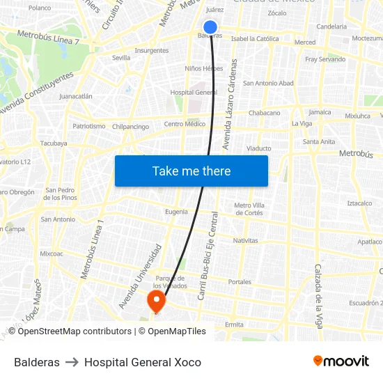 Balderas to Hospital General Xoco map